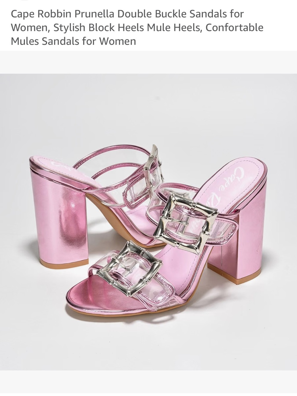 Cape Robbin Pink Metallic Double Buckle Block Heel Mules